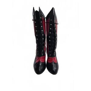 Vintage Black and Red Lace-Up Kitten Heel Boots